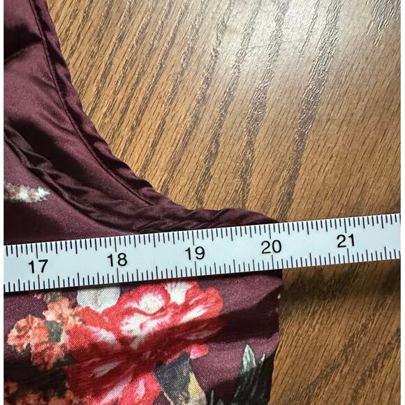 Burgundy Floral Medium High Collar Zip Front Cottagecore Classic Puffer Vest - Picture 4 of 5